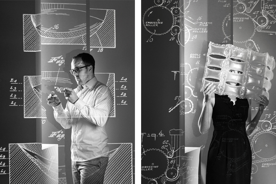Andreas Greber, Fotograf, Bern. Fotografie, Studiofotogafie, IGE, Annual Report, Mitarbeiter, Fotoinszenierung, Projektionen, Patente, Weiche Kontaktlinsen, Luftpolsterfolie.. Eidgenössisches Institut für Geistiges Eigentum, Jahresbericht 11/12, Patente, Mitarbeitende des IGE